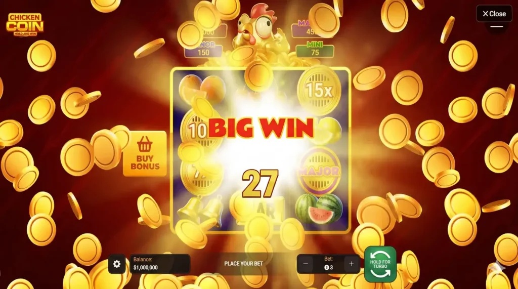 Zrzut ekranu z gry „Chicken Coin”, przedstawiający wyskakujący komunikat „BIG WIN” w otoczeniu deszczu spadających złotych monet.