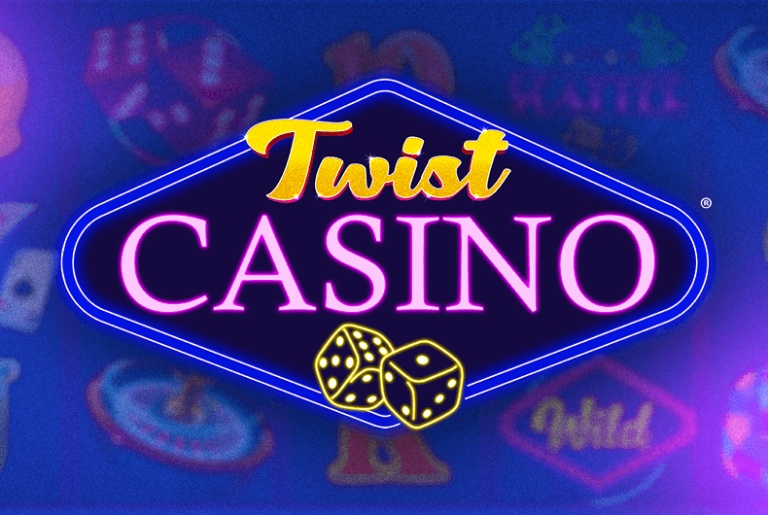 Neonowe logo „Twist CASINO” z dwoma kośćmi do gry na zamglonym, niebiesko-fioletowym tle kasyna.