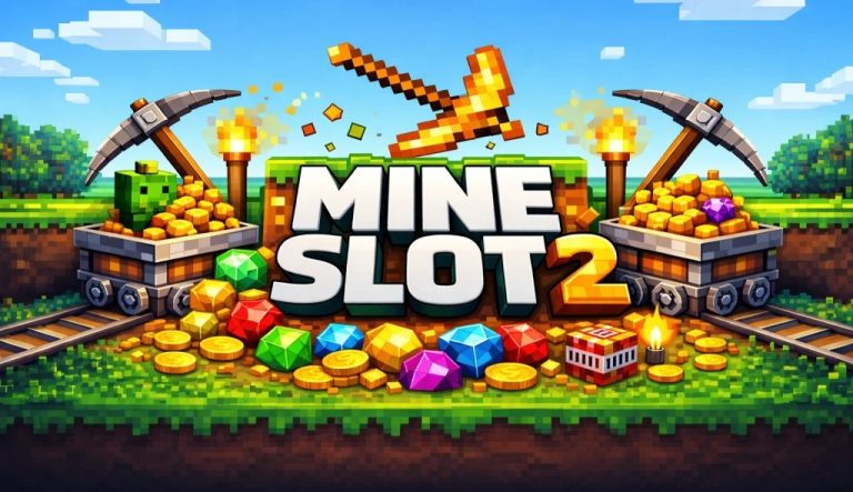 Kolorowy ekran tytułowy gry „MINE SLOT 2” w pikselowej stylistyce retro, z wózkami kopalnianymi, kilofami i kolorowymi klejnotami.
