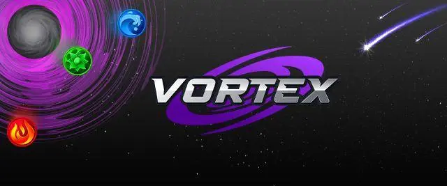 Logo „VORTEX” na tle kosmosu z fioletową spiralą, kolorowymi sferami żywiołów i spadającymi gwiazdami.