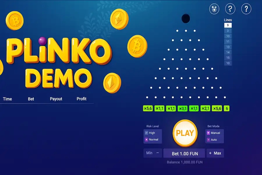 Interfejs gry „Plinko Demo” z piramidą kołków, polami mnożników wygranej oraz panelem sterowania na niebieskim tle z grafiką monet kryptowalut.