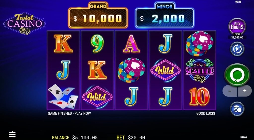 Zrzut ekranu przedstawiający pięciobębnowy automat do gry w kasynie „Twist Casino” z neonowymi symbolami i panelami jackpotów na fioletowym tle.