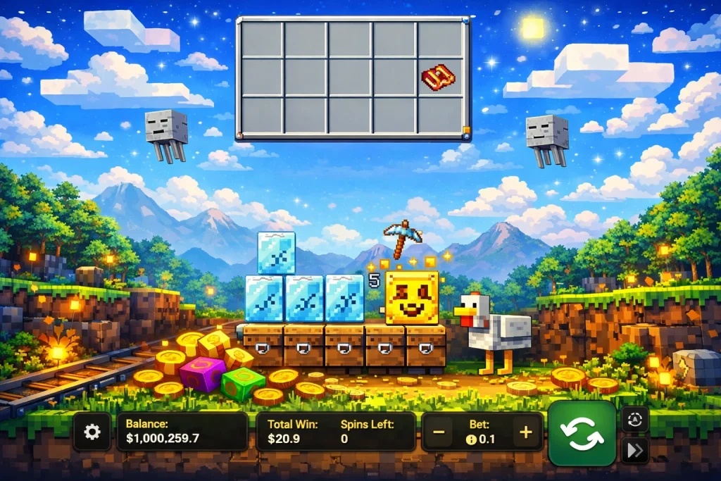 Interfejs pikselowej gry hazardowej z motywami inspirowanymi Minecraftem, przedstawiający bębny w formie skrzyń, bloki lodu, uśmiechnięty złoty blok oraz kurczaka na tle górskiego krajobrazu.