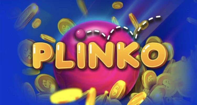 Kolorowe logo gry „PLINKO” z dużym żółtym napisem na tle różowej kuli i rozsypanych złotych monet.