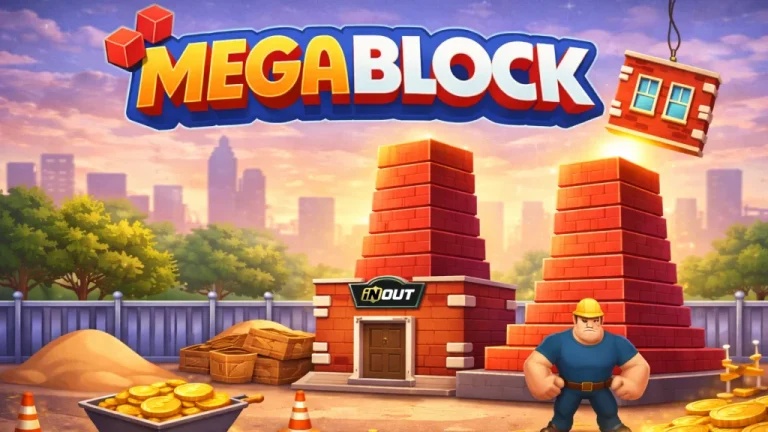 Kolorowy ekran tytułowy gry „MEGABLOCK” z motywem placu budowy, muskularnym robotnikiem w kasku i zarysami wieżowców w tle.