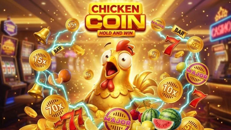 Ekran tytułowy gry hazardowej „Chicken Coin: Hold and Win” z komiczną, zaskoczoną złotą kurą otoczoną monetami i owocami na tle kasyna.