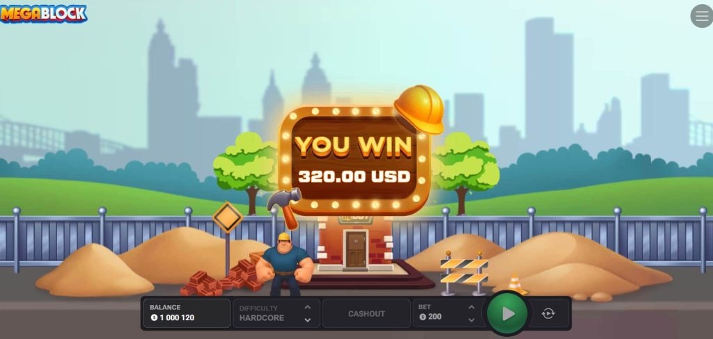 Zrzut ekranu z gry „Megablock” z dużym powiadomieniem o wygranej „YOU WIN 320.00 USD” na tle placu budowy i panoramy miasta.