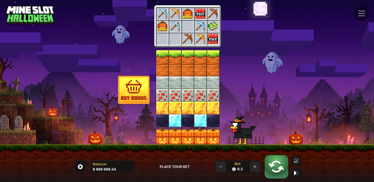 Ekran Mine Slot Halloween z kolumnami bloków, paskiem kilofów i przyciskiem Buy Bonus