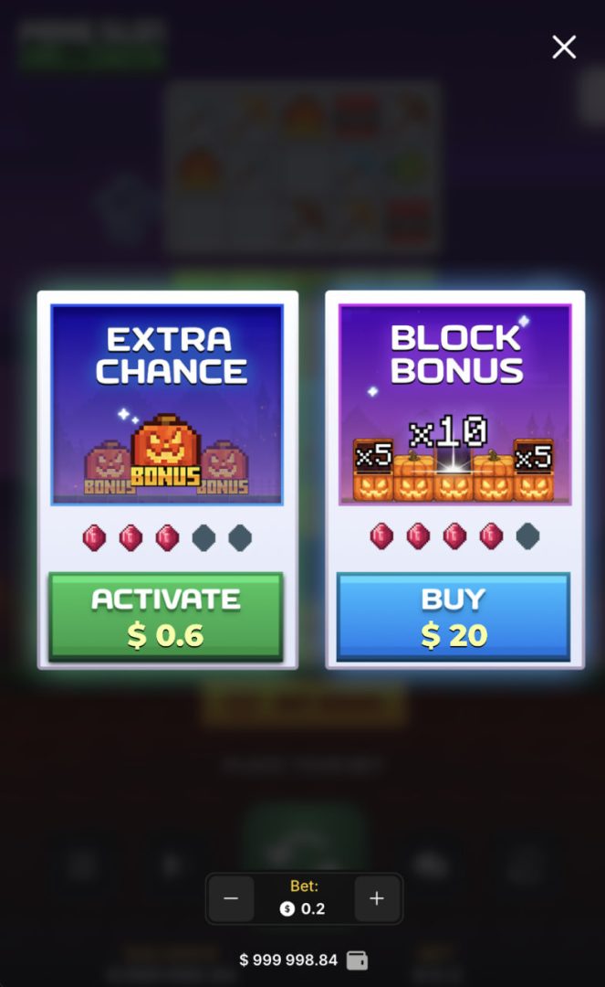 Mine Slot Halloween w telefonie: pionowe okno Extra Chance i Block Bonus