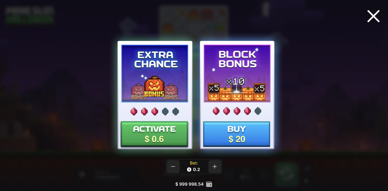 Mine Slot Halloween na komputerze – okno z Extra Chance i Block Bonus