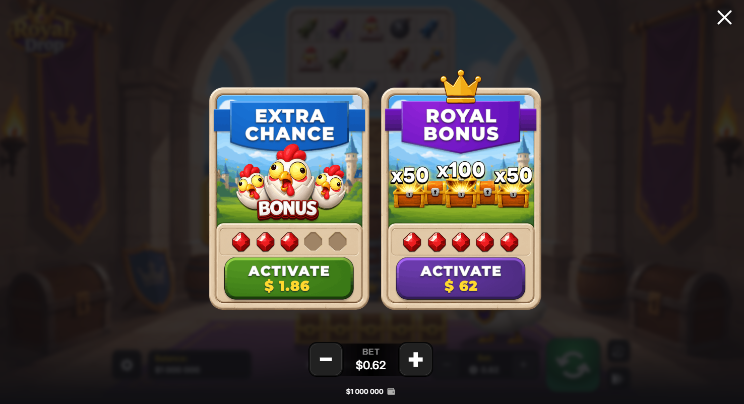 Royal Drop bonus – ekran Buy Bonus z opcjami Extra Chance i Royal Bonus