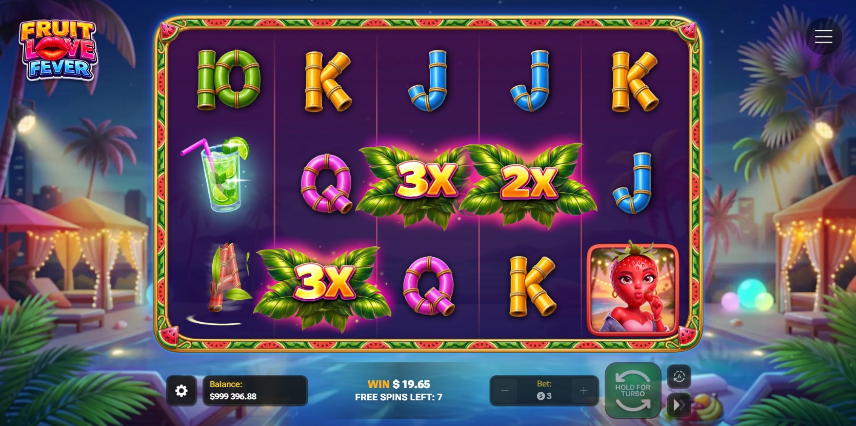 Fruit Love Fever gra kasynowa – plansza 5x3 z symbolem truskawki i Wildami