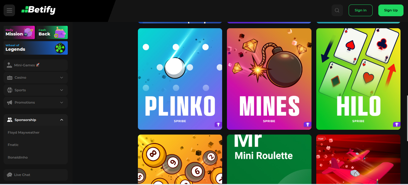 Sekcja minigier Betify z grami Plinko, Mines i Hilo