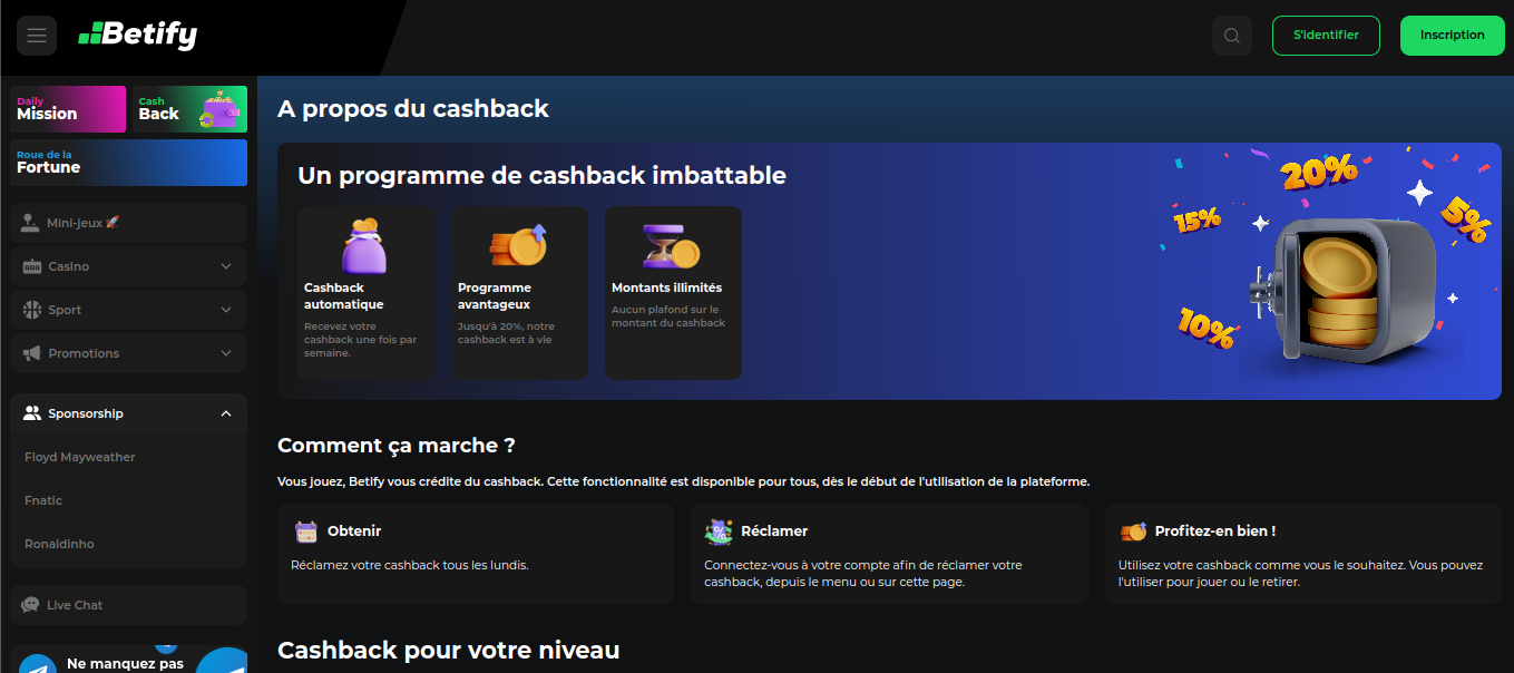 Strona cotygodniowego programu cashback w Betify