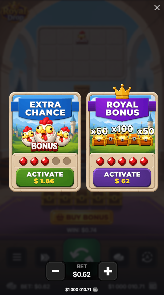 Royal Drop aplikacja mobilna – menu Buy Bonus w wersji na telefon