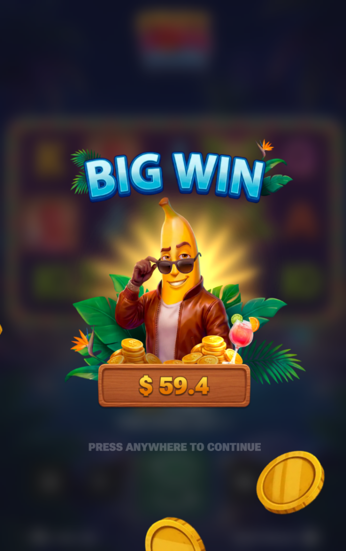 Fruit Love Fever aplikacja mobilna – ekran Big Win z bananem na telefonie