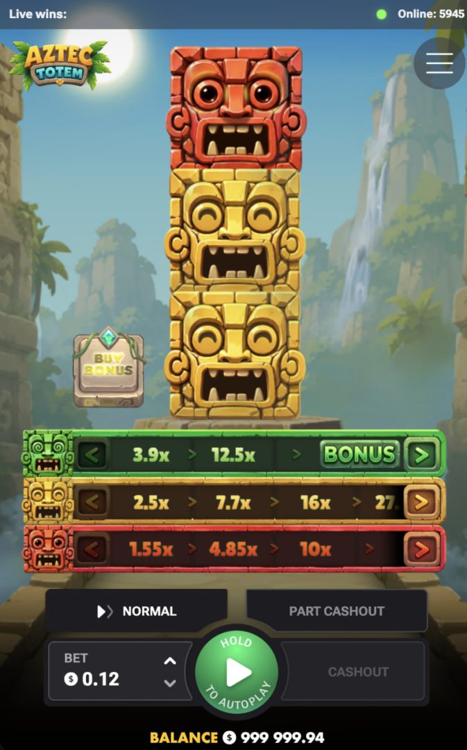 Aztec Totem w pionowym widoku mobilnym z totemem i przyciskiem Cashout