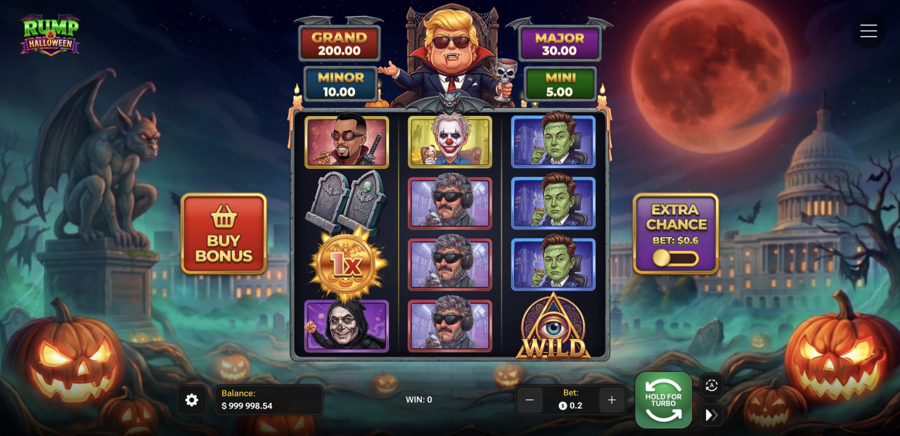 Ekran Rump & Halloween z siatką 3x4, czterema jackpotami i przyciskiem Buy Bonus