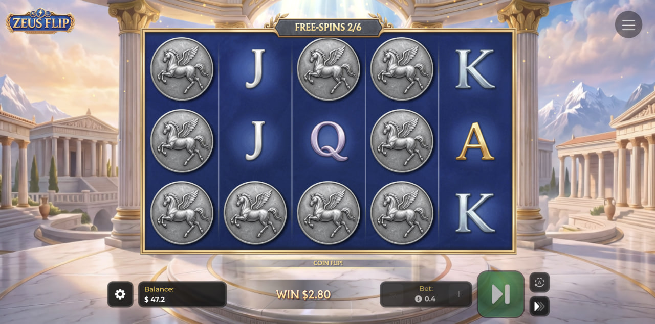 Bębny Zeus Flip w trakcie darmowych spinów z monetami Pegaza i mechaniką Coin Flip