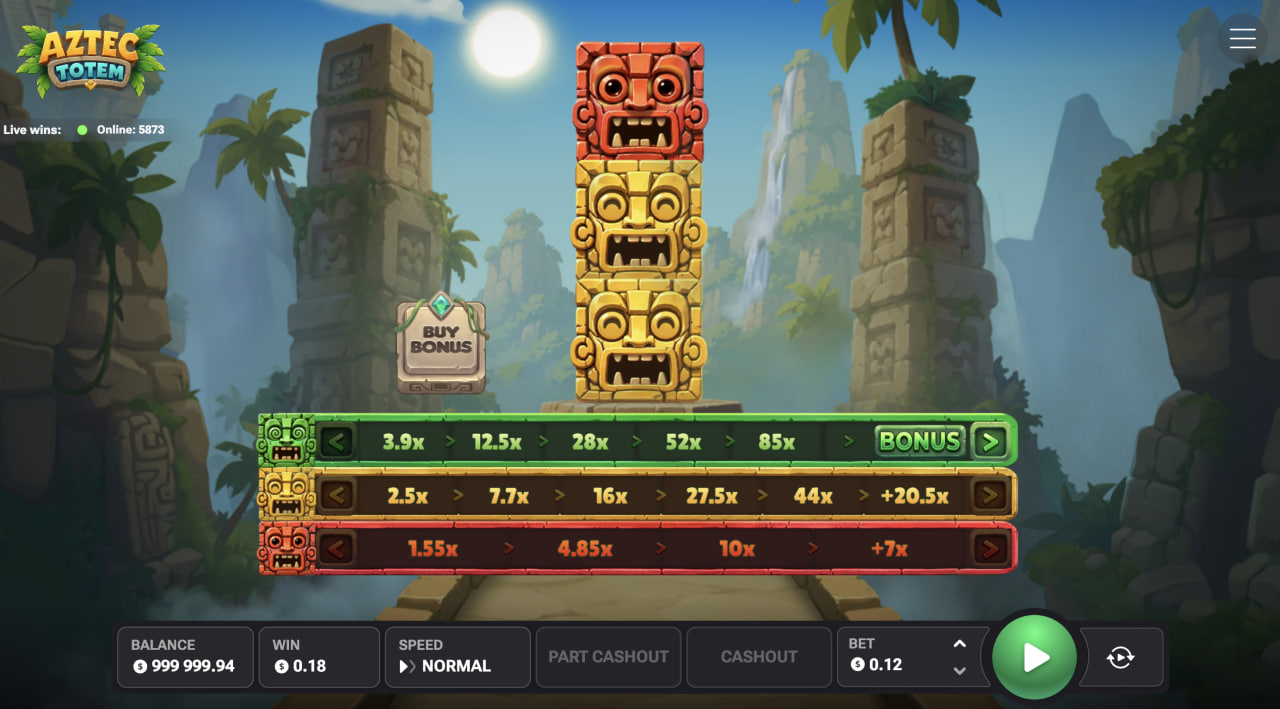 Ekran Aztec Totem na komputerze z totemem i trzema ścieżkami mnożników